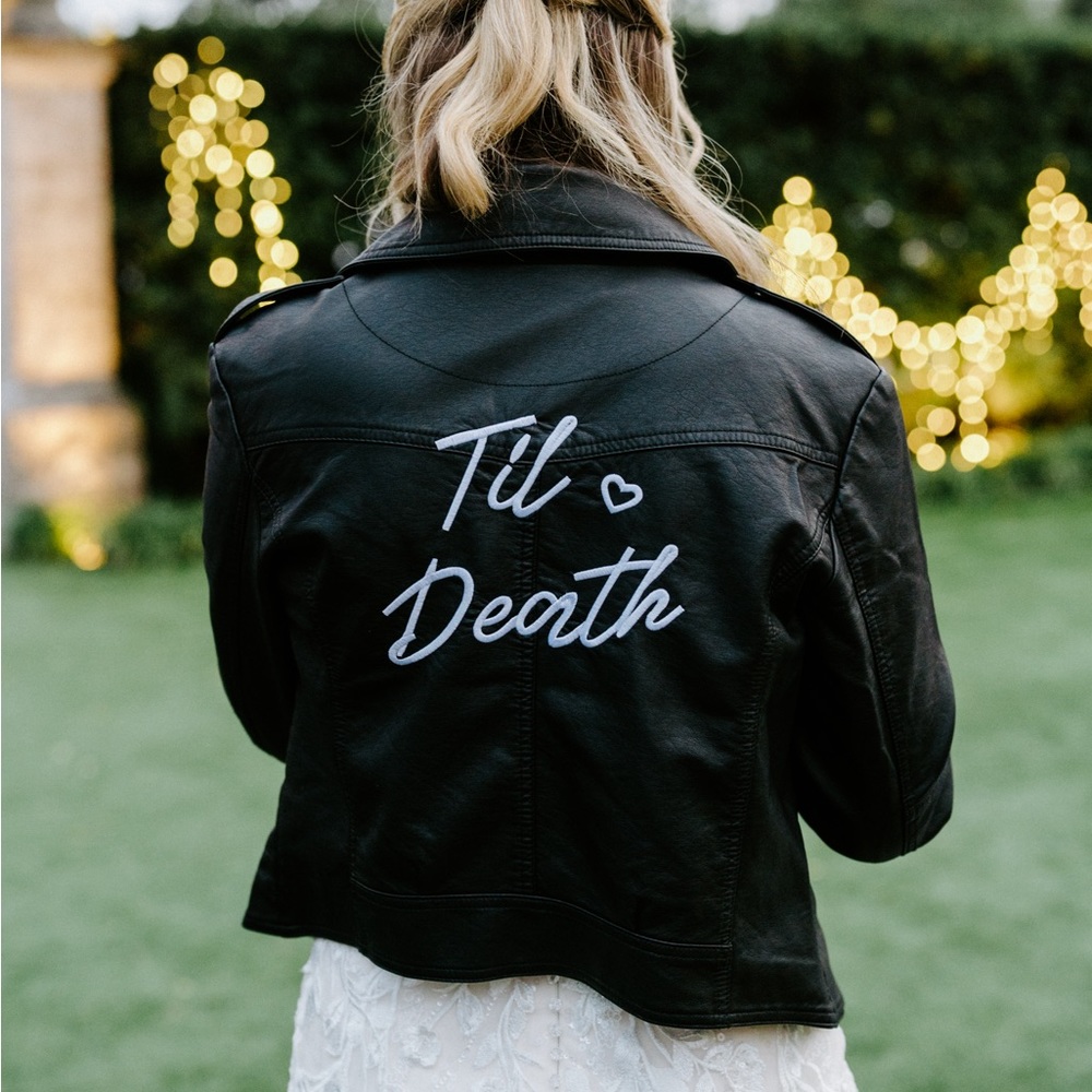 David’s Bridal til death script black vegan leather moto jacket
